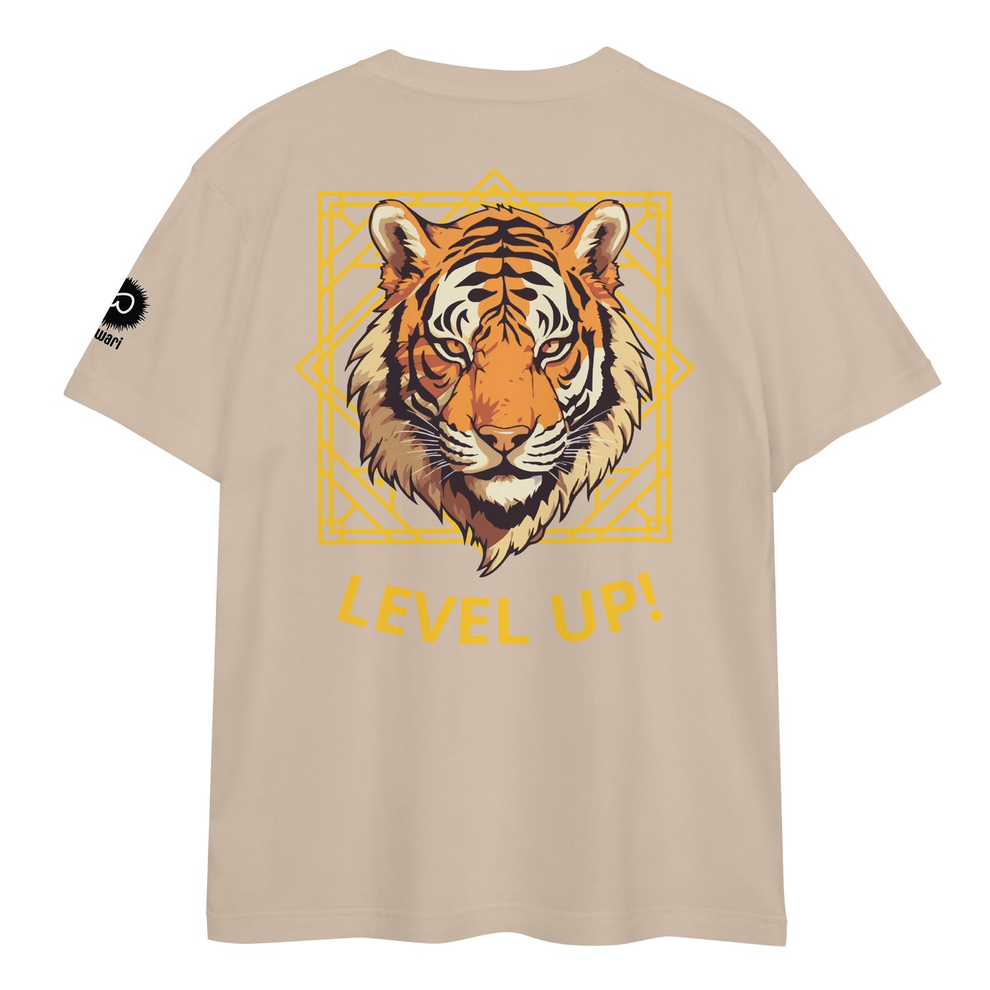 Beige Tee -Back Design with Gray Alpha Tiger and yellow Pattern - Left Shoulder with Uniwari Logo