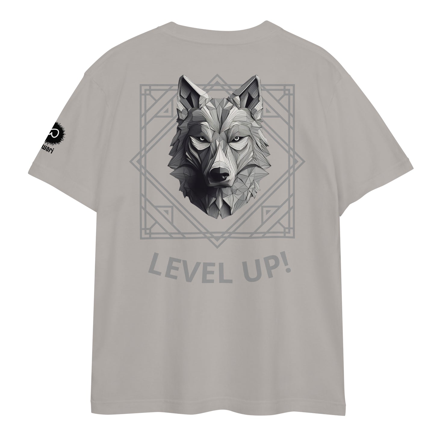 Gray Tee -Back Design with Gray Alpha Wolf and Grey Pattern - Left Shoulder with Uniwari Logo