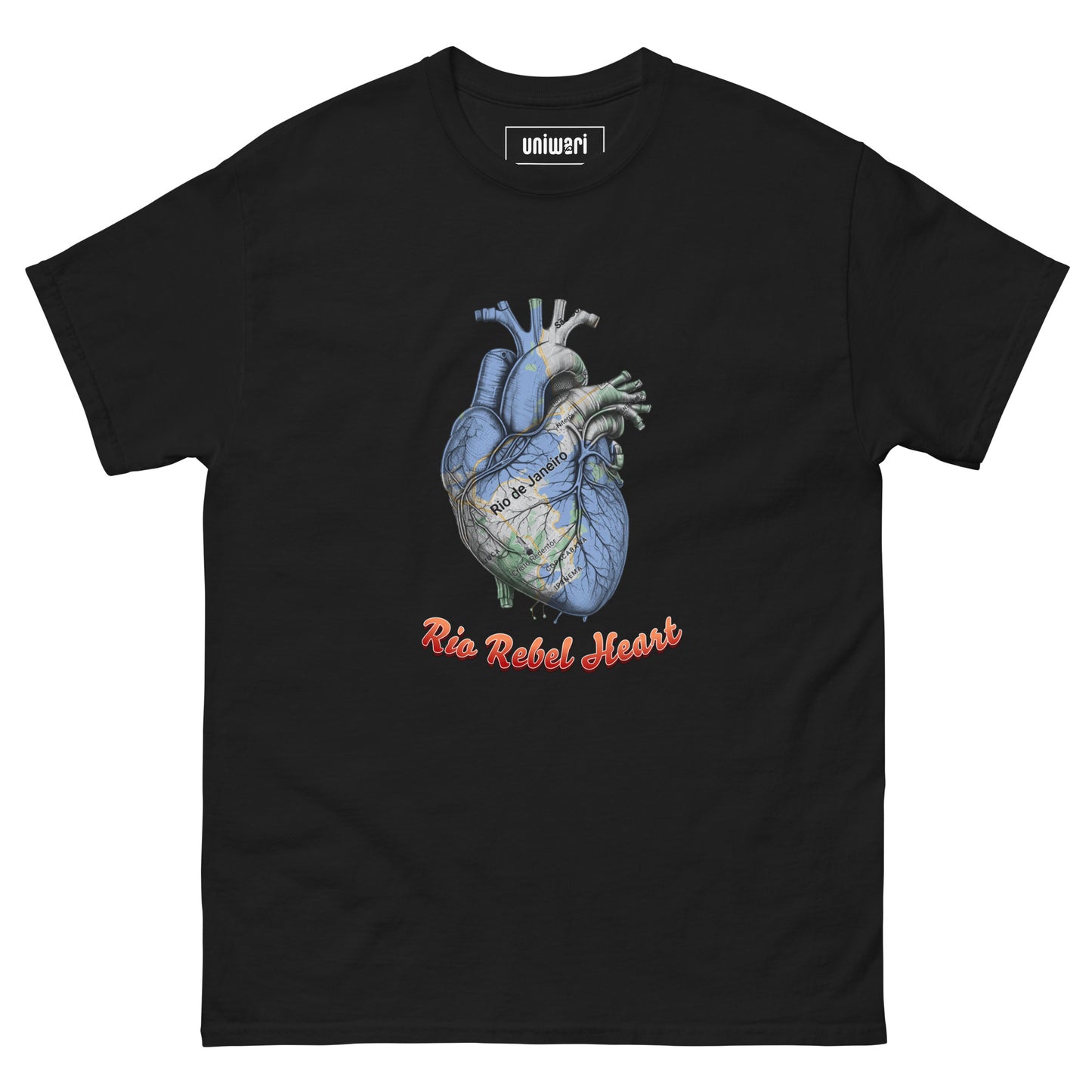 Black High Quality Tee - Front Design with a Heart Shaped Map of Rio de Janeiro and a Phrase "Rio Rebel Heart" print