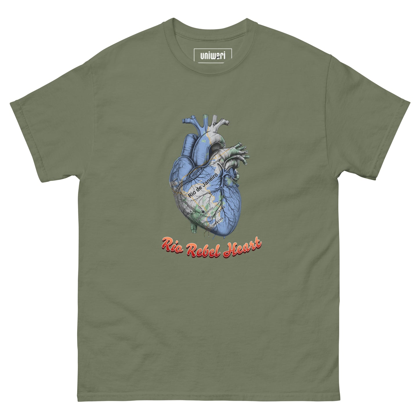 Green High Quality Tee - Front Design with a Heart Shaped Map of Rio de Janeiro and a Phrase "Rio Rebel Heart" print