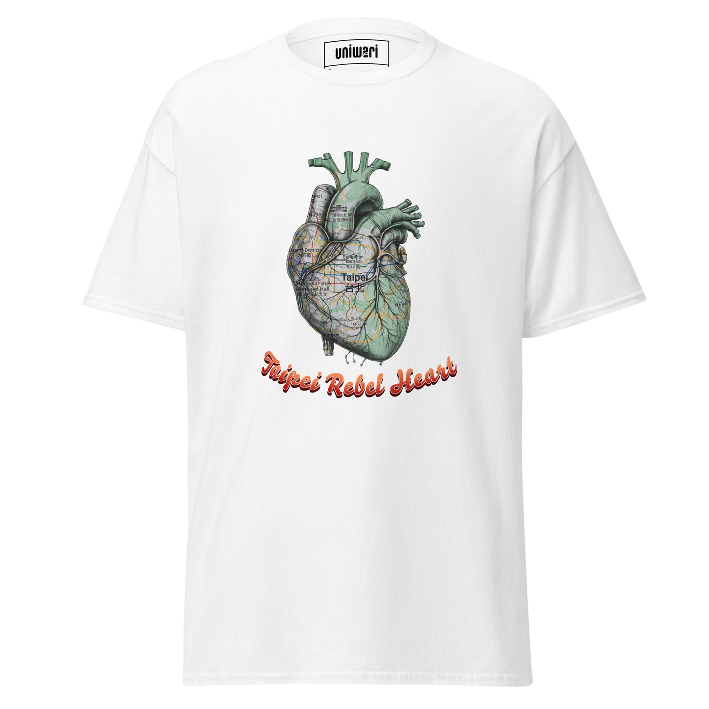 White High Quality Tee - Front Design with a Heart Shaped Map of Taipei and a Phrase "Taipei Rebel Heart" print