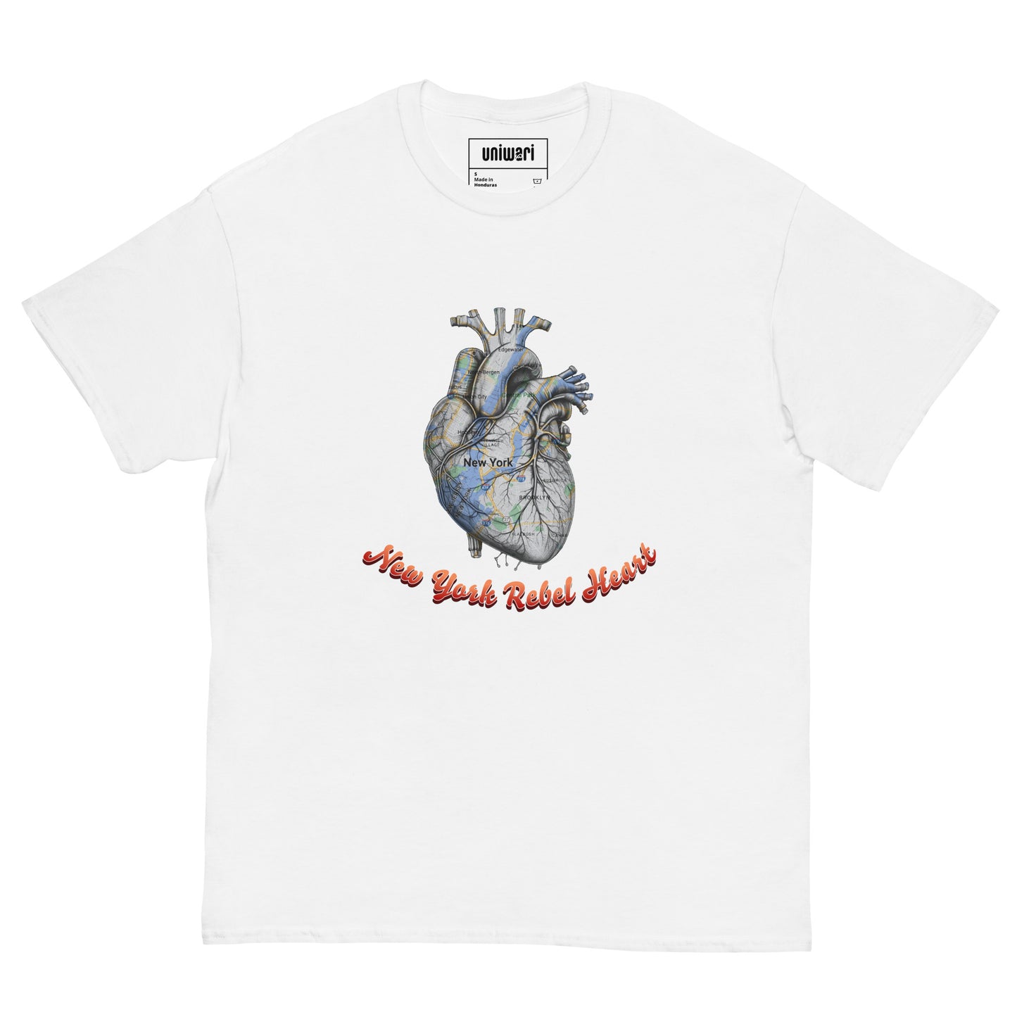 White High Quality Tee - Front Design with a Heart Shaped Map of New York and a Phrase "New York Rebel Heart" print