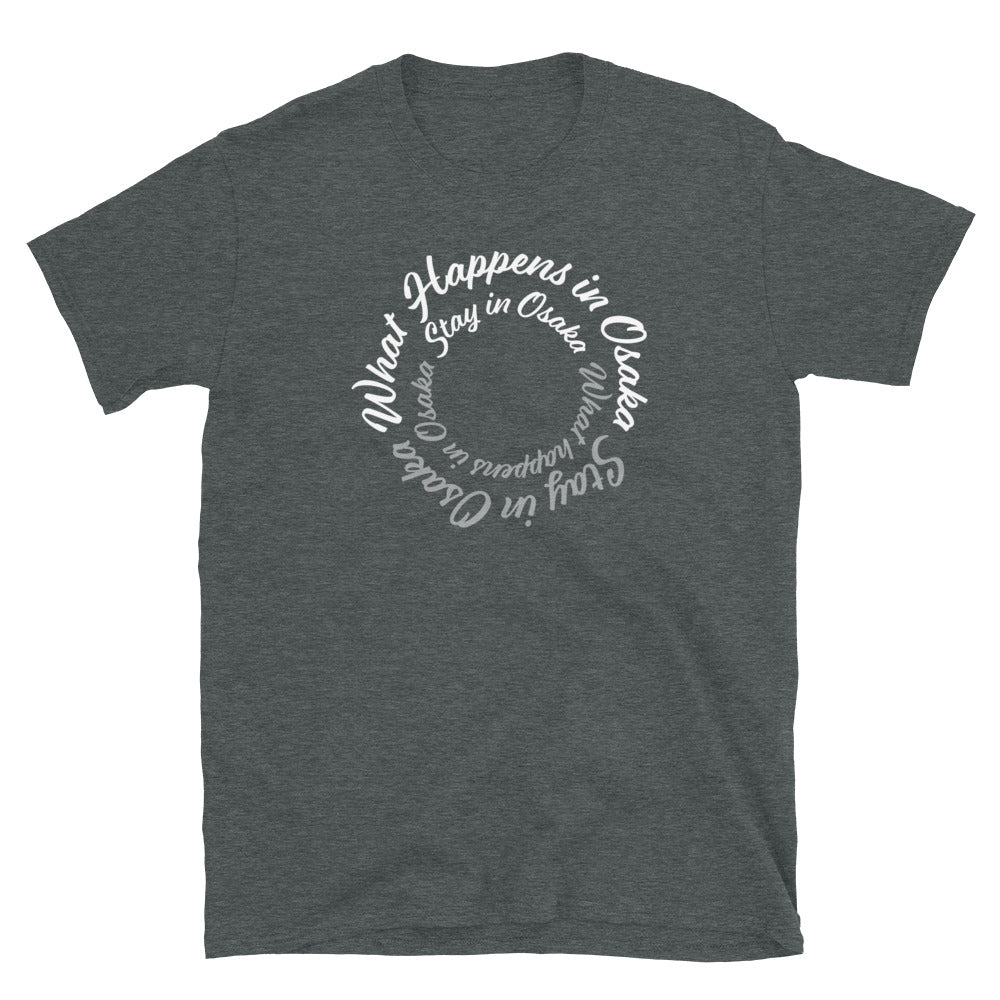 Dark Gray High Quality Tee - Front Design with White print of the phrase "What Happens in Osaka Stay in Osaka" - Back with Uniwari Logo