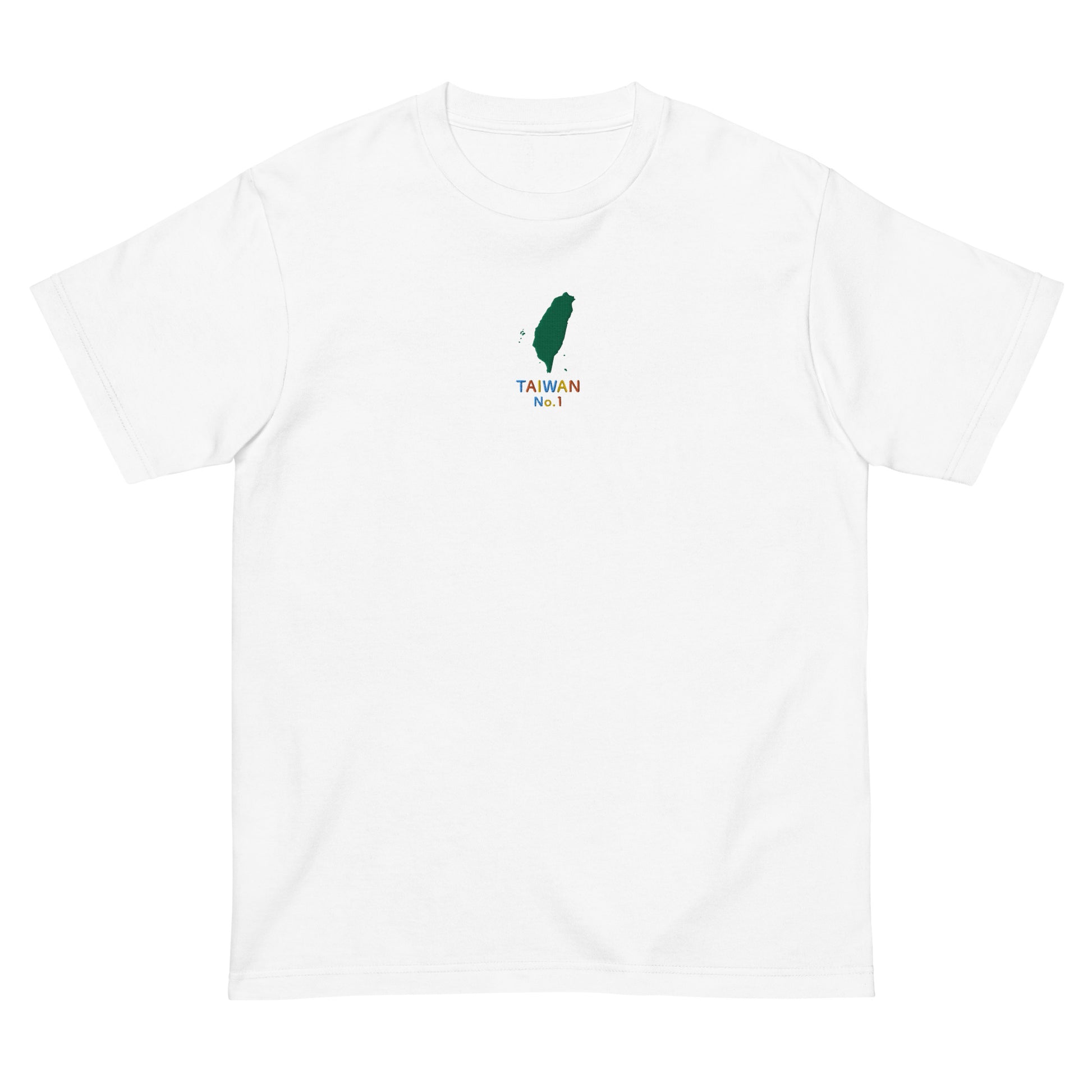 White High Quality Tee - Front Design with an Yellow,Orange,Blue Embroidery "Taiwan No.1" in English