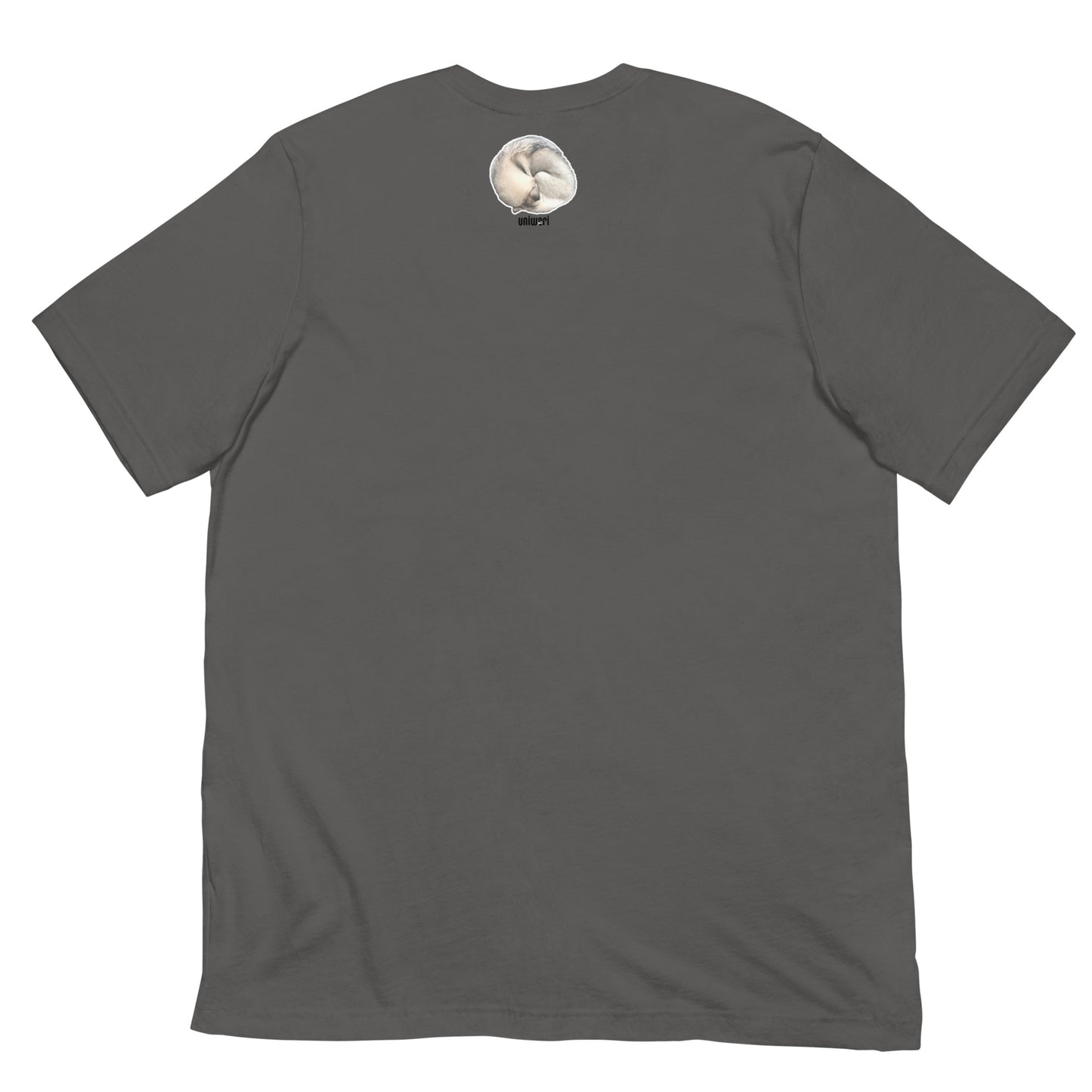 Gray Quality Tee - Front Design with a stamp of 4 FUJI THE HUSKY Sticker - Back Design with 1 FUJI THE HUSKY Sticker and Uniwari Logo
