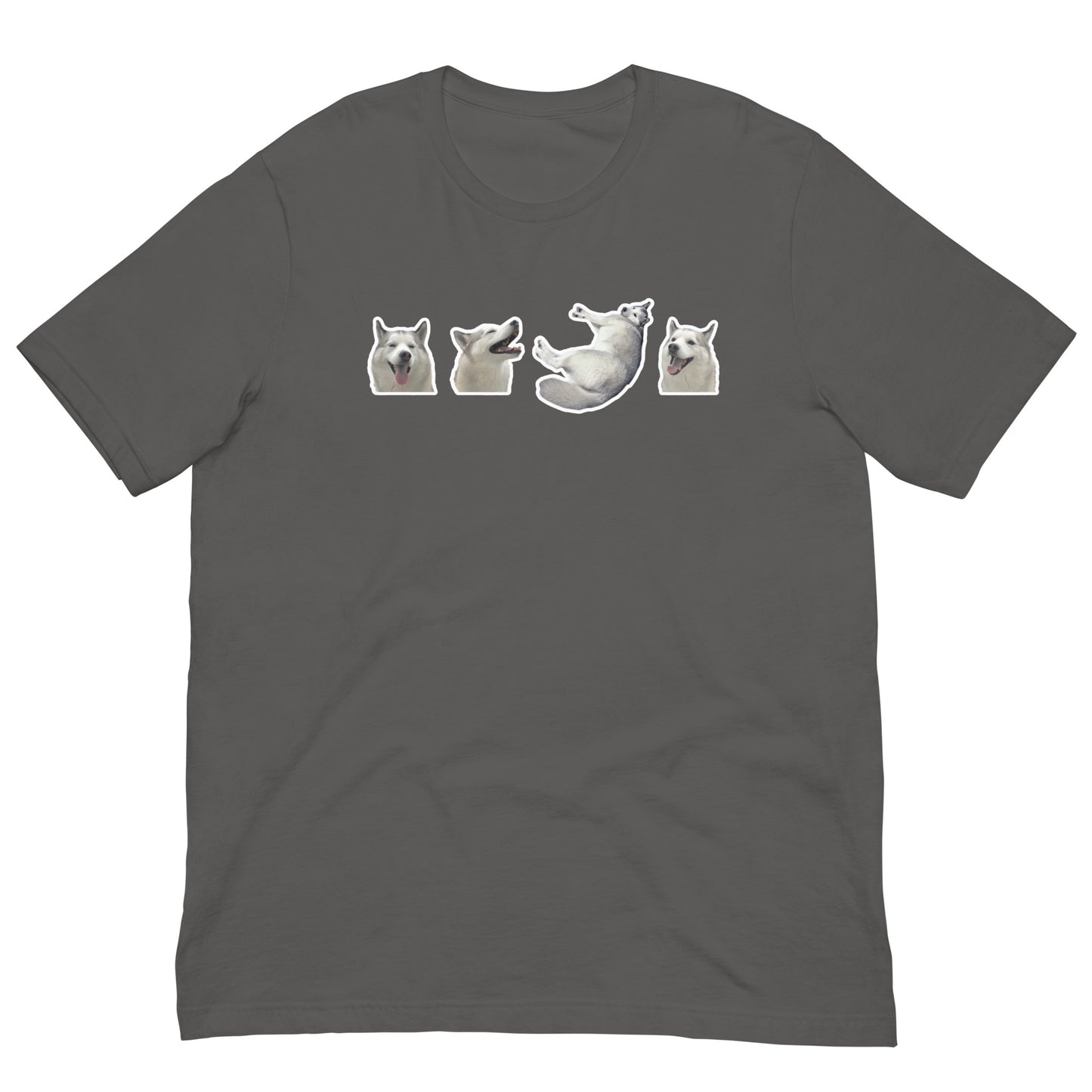 Gray Quality Tee - Front Design with a stamp of 4 FUJI THE HUSKY Sticker - Back Design with 1 FUJI THE HUSKY Sticker and Uniwari Logo