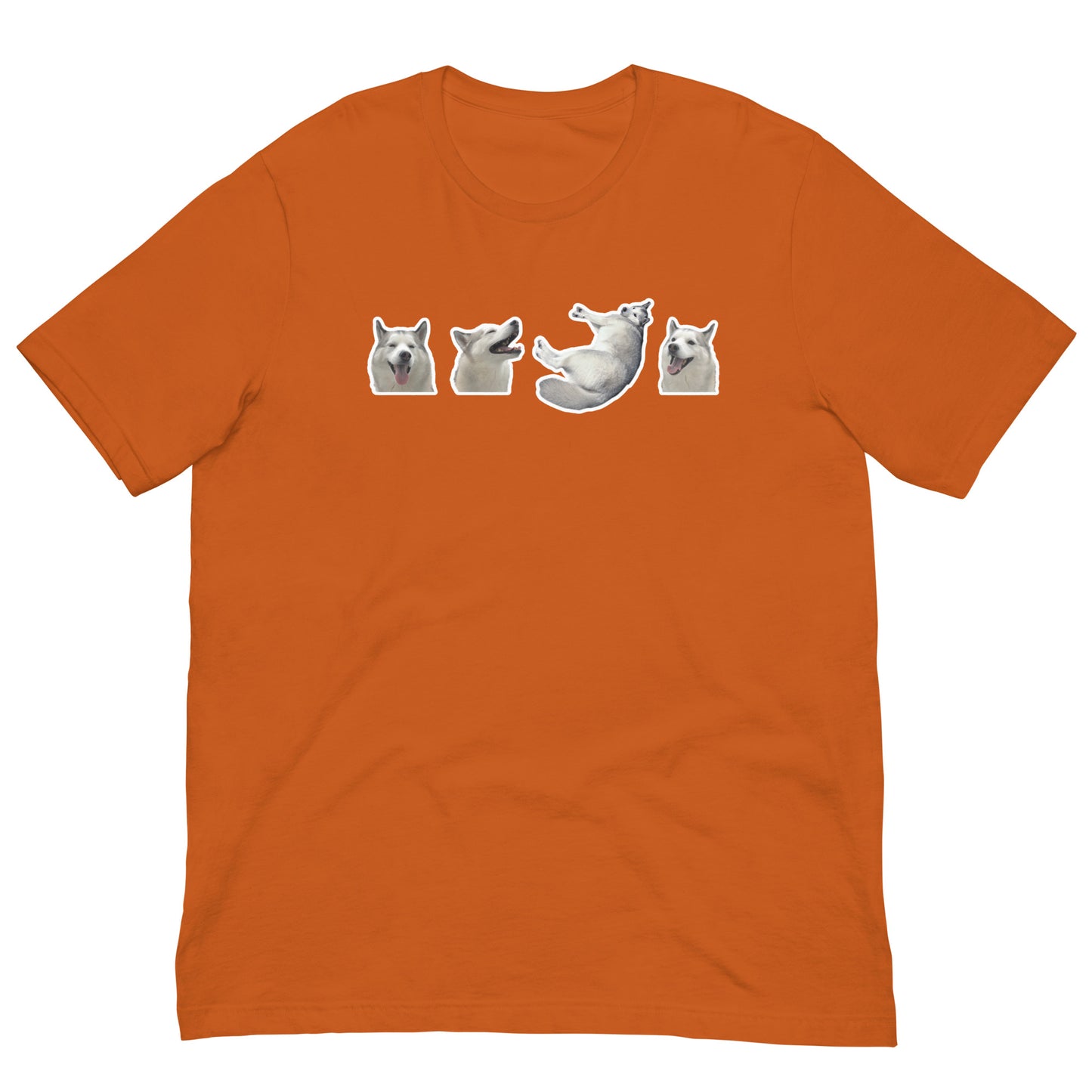 Orange High Quality Tee - Front Design with a stamp of 4 FUJI THE HUSKY Sticker - Back Design with 1 FUJI THE HUSKY Sticker and Uniwari Logo