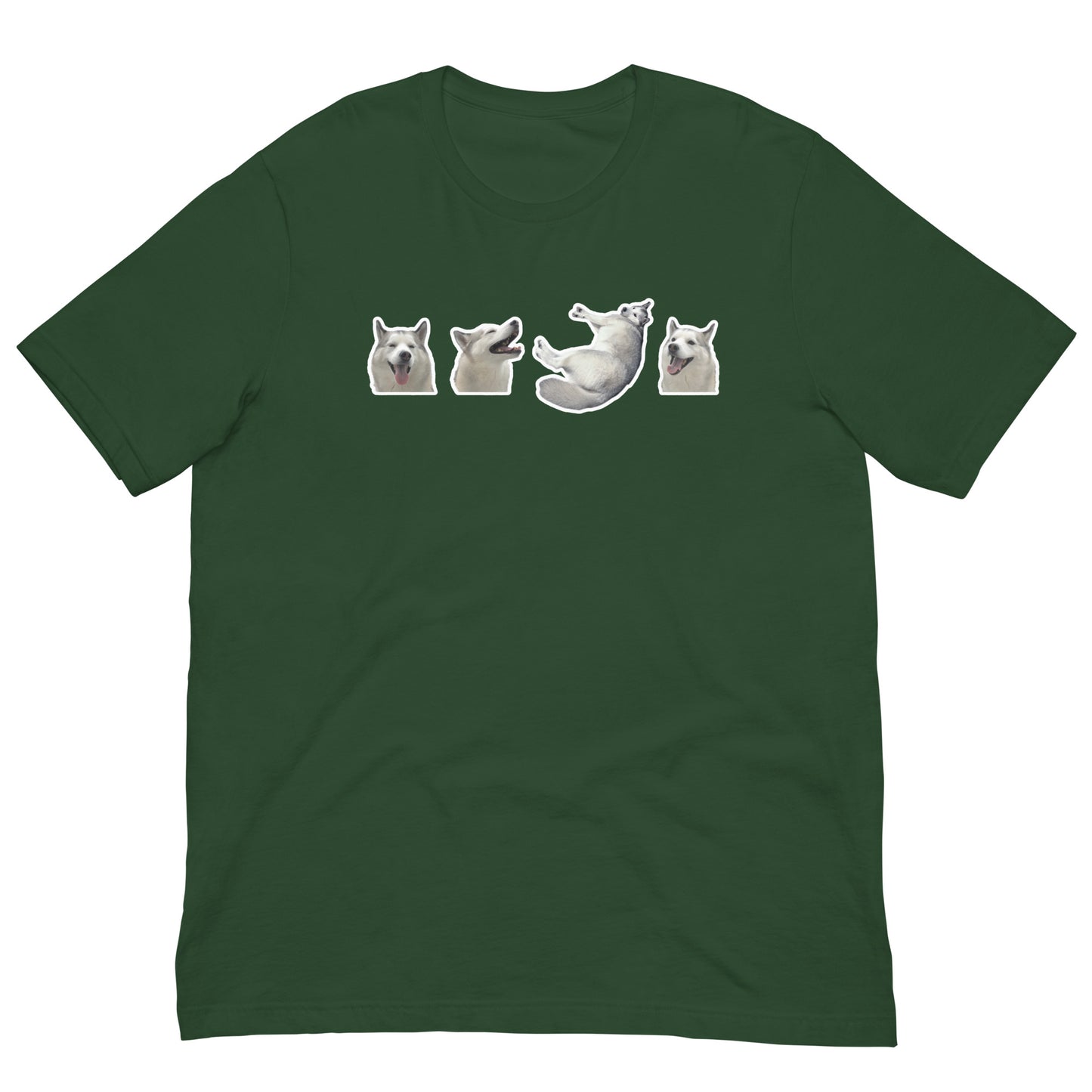 Olive Green Quality Tee - Front Design with a stamp of 4 FUJI THE HUSKY Sticker - Back Design with 1 FUJI THE HUSKY Sticker and Uniwari Logo