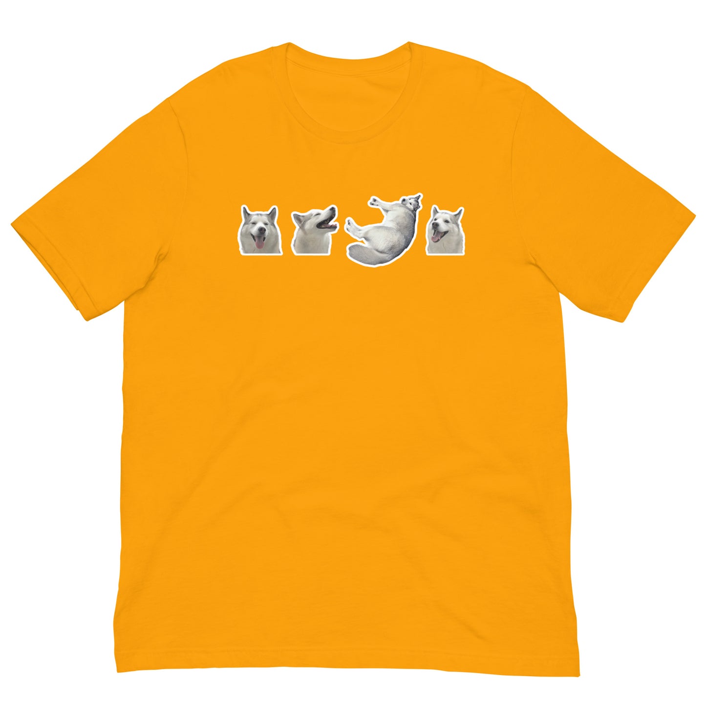 Gold High Quality Tee - Front Design with a stamp of 4 FUJI THE HUSKY Sticker - Back Design with 1 FUJI THE HUSKY Sticker and Uniwari Logo