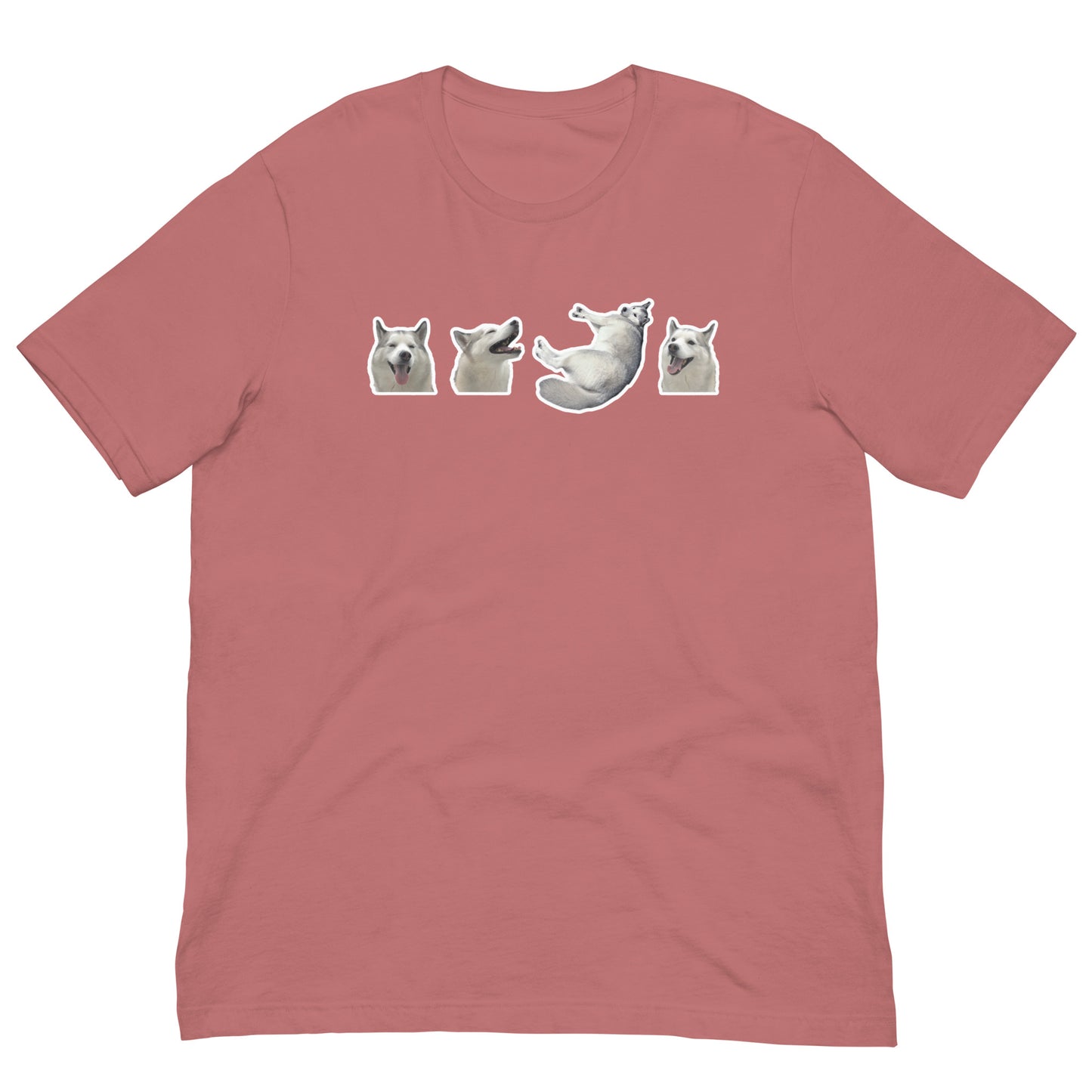 Dusty Pink High Quality Tee - Front Design with a stamp of 4 FUJI THE HUSKY Sticker - Back Design with 1 FUJI THE HUSKY Sticker and Uniwari Logo