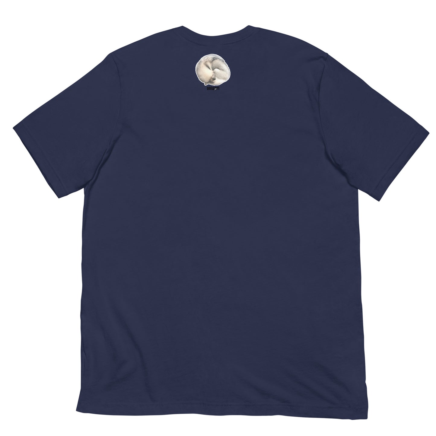 Navy Quality Tee - Front Design with a stamp of 4 FUJI THE HUSKY Sticker - Back Design with 1 FUJI THE HUSKY Sticker and Uniwari Logo