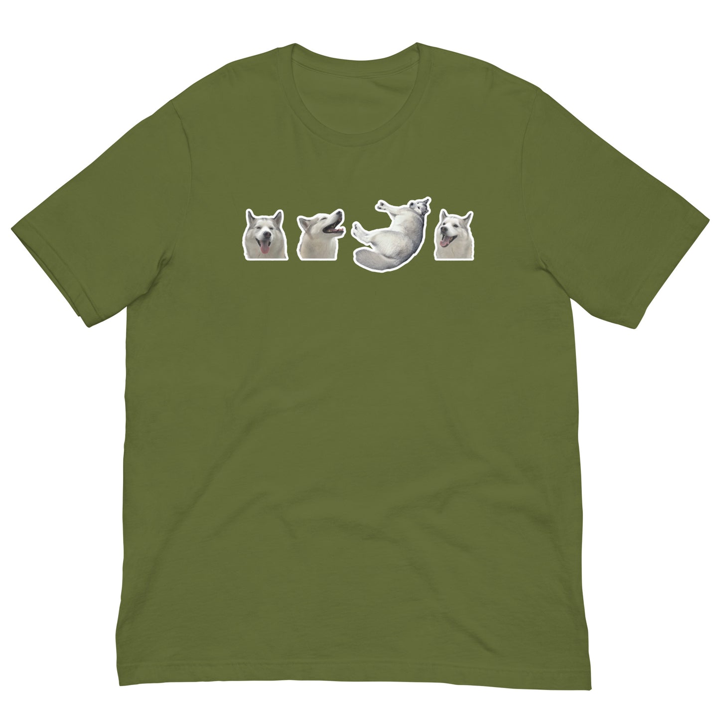 Dusty Green Quality Tee - Front Design with a stamp of 4 FUJI THE HUSKY Sticker - Back Design with 1 FUJI THE HUSKY Sticker and Uniwari Logo
