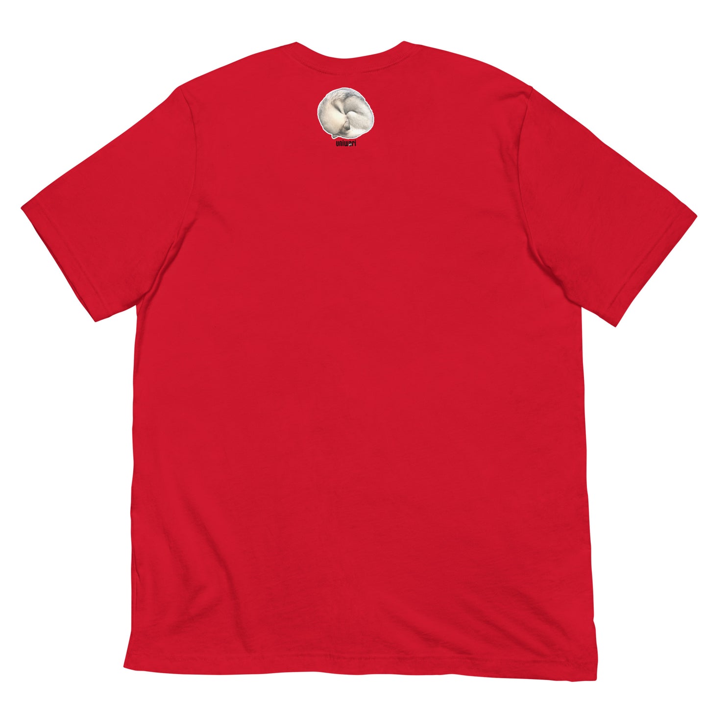 Red Quality Tee - Front Design with a stamp of 4 FUJI THE HUSKY Sticker - Back Design with 1 FUJI THE HUSKY Sticker and Uniwari Logo