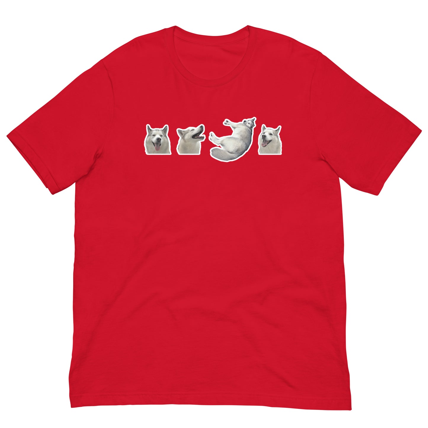 Red Quality Tee - Front Design with a stamp of 4 FUJI THE HUSKY Sticker - Back Design with 1 FUJI THE HUSKY Sticker and Uniwari Logo