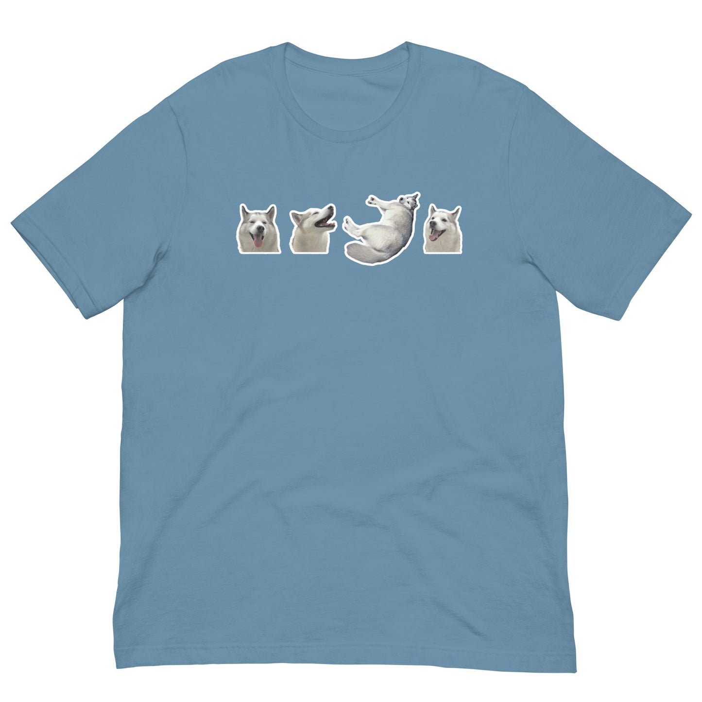 Gray Blue Quality Tee - Front Design with a stamp of 4 FUJI THE HUSKY Sticker - Back Design with 1 FUJI THE HUSKY Sticker and Uniwari Logo