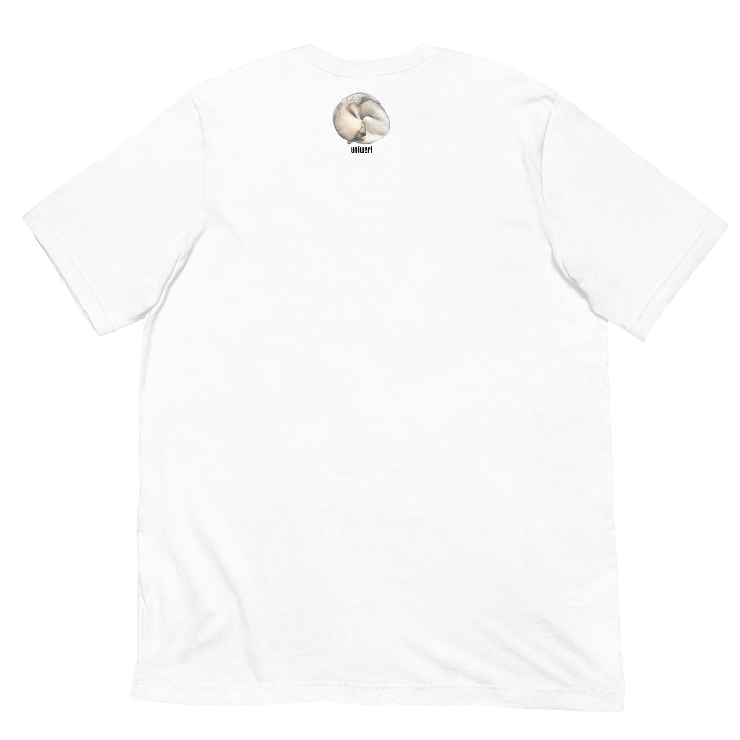White High Quality Tee - Front Design with a stamp of 4 FUJI THE HUSKY Sticker - Back Design with 1 FUJI THE HUSKY Sticker and Uniwari Logo