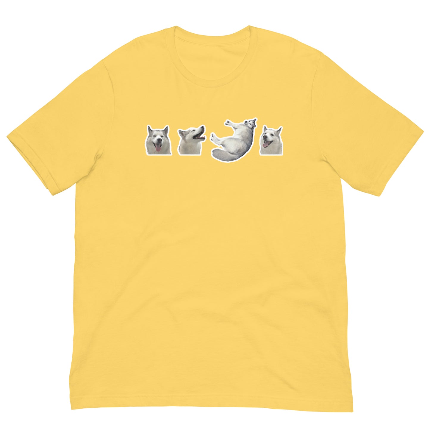 Yellow Quality Tee - Front Design with a stamp of 4 FUJI THE HUSKY Sticker - Back Design with 1 FUJI THE HUSKY Sticker and Uniwari Logo