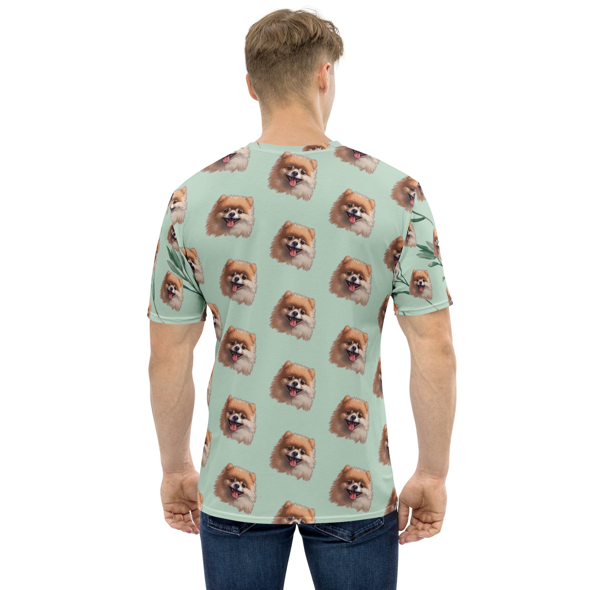 Green High Quality Tee -  with Brown Happy Pomeranian print all-over 