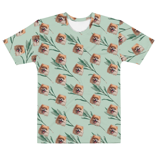 Green High Quality Tee -  with Brown Happy Pomeranian print all-over 
