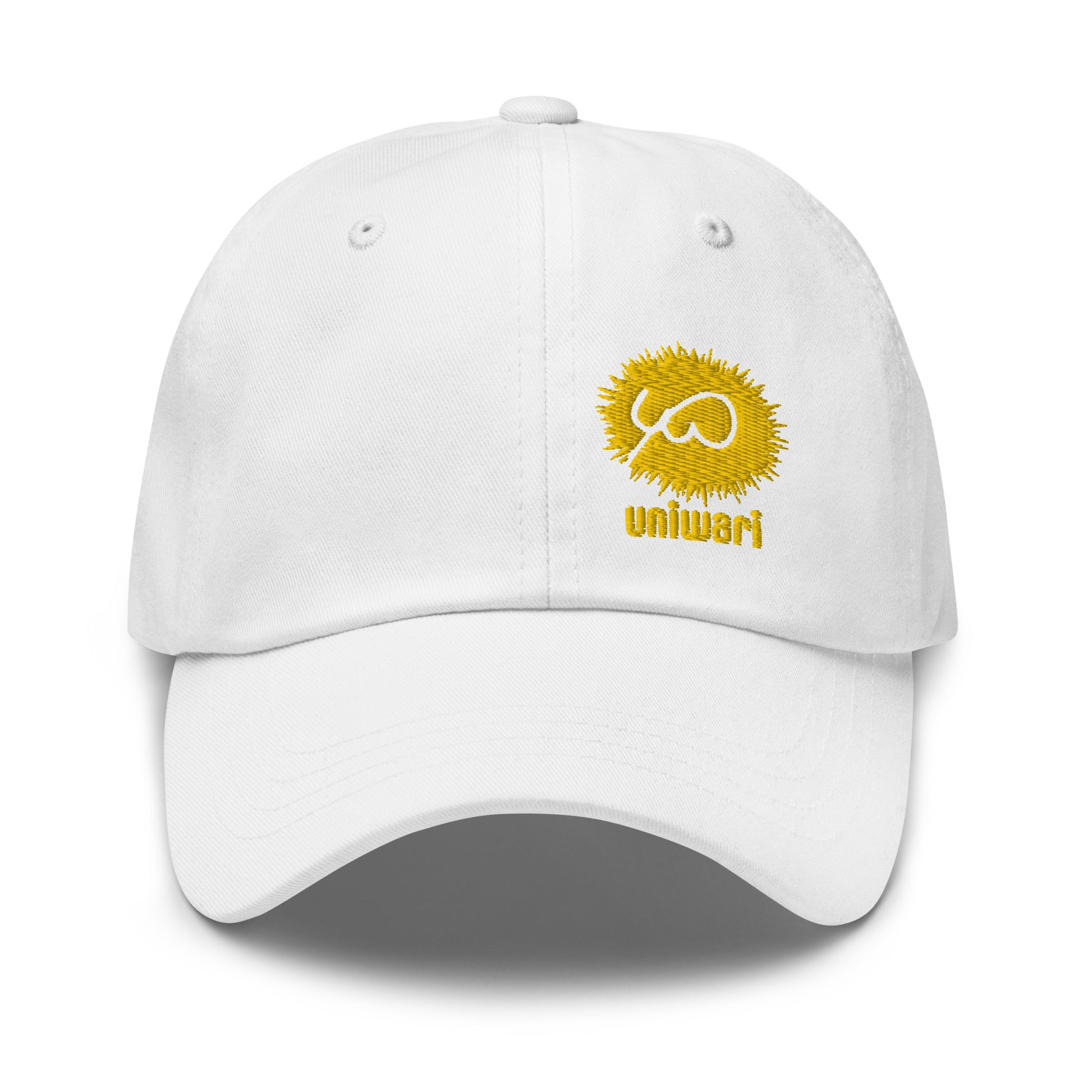 White Cap- Front Design with an Yellow Embroidery of Uniwari Logo
