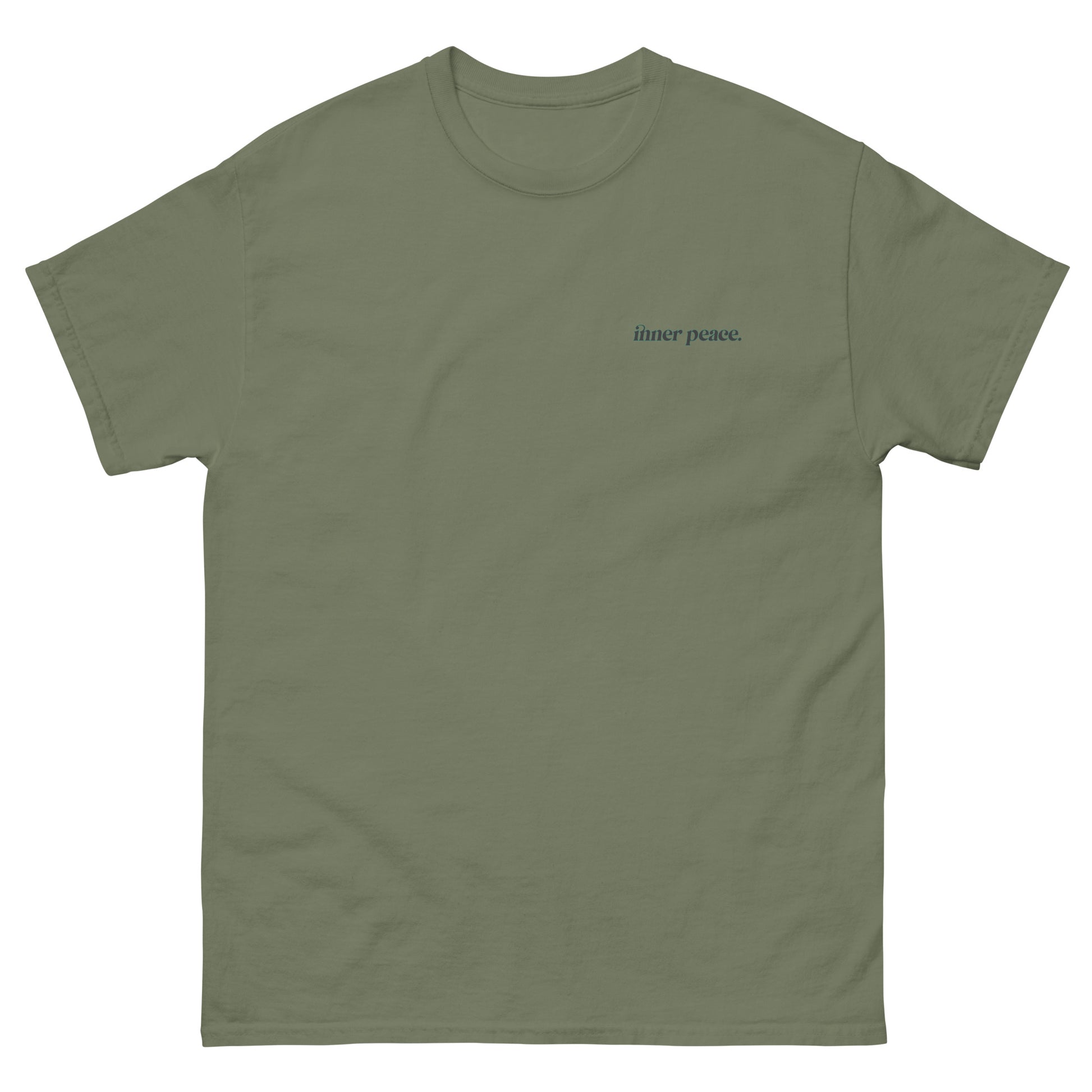 Green High Quality Tee - Front Design with "inner peace " print on left chest - Back Design with a Phrase "You know what's the real luxury? Your inner peace." print