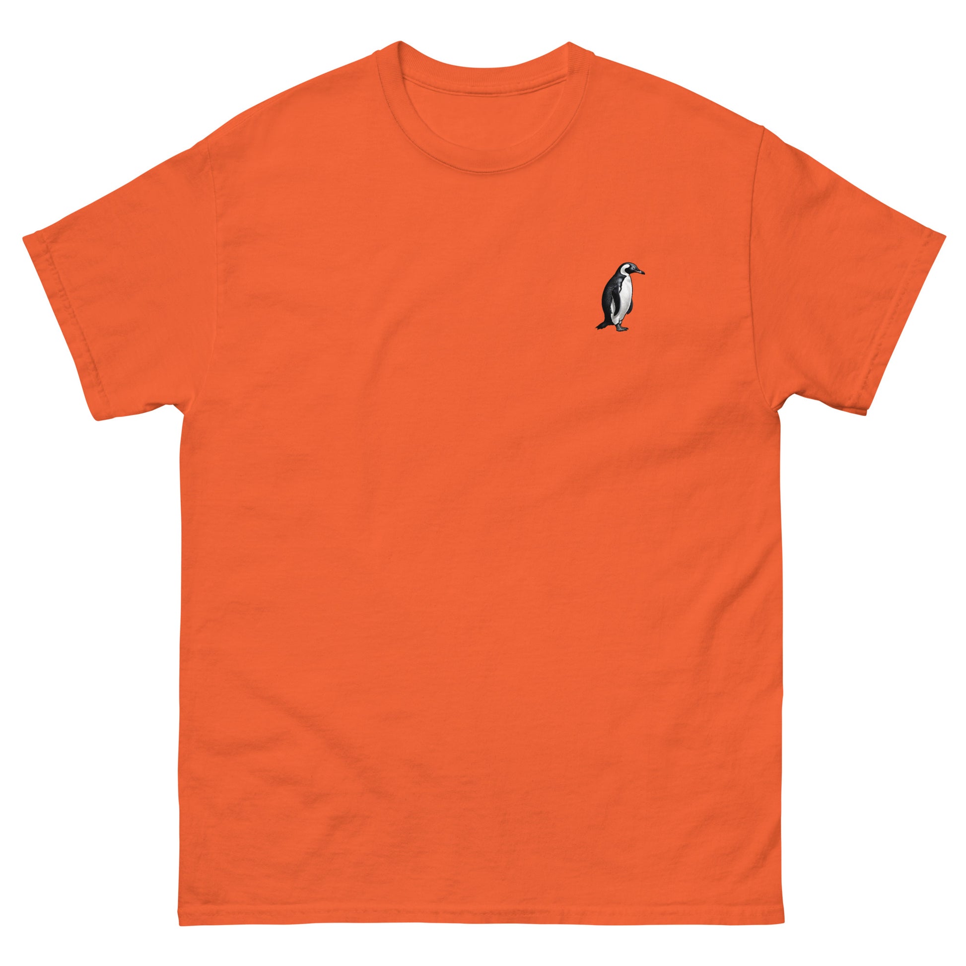 Orange High Quality Tee - Front Design with a Penguin on left chest - Back Design with a Penguin and a Phrase "Penguins:always dressed to impress, walking on ice like a boss" print