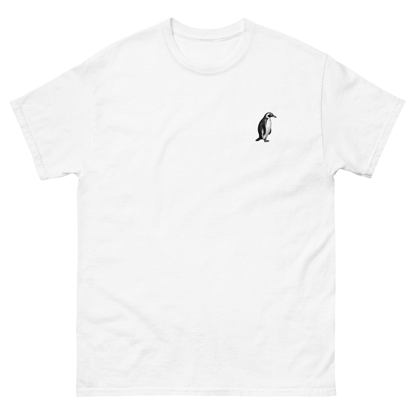 White High Quality Tee - Front Design with a Penguin on left chest - Back Design with a Penguin and a Phrase "Penguins:always dressed to impress, walking on ice like a boss" print