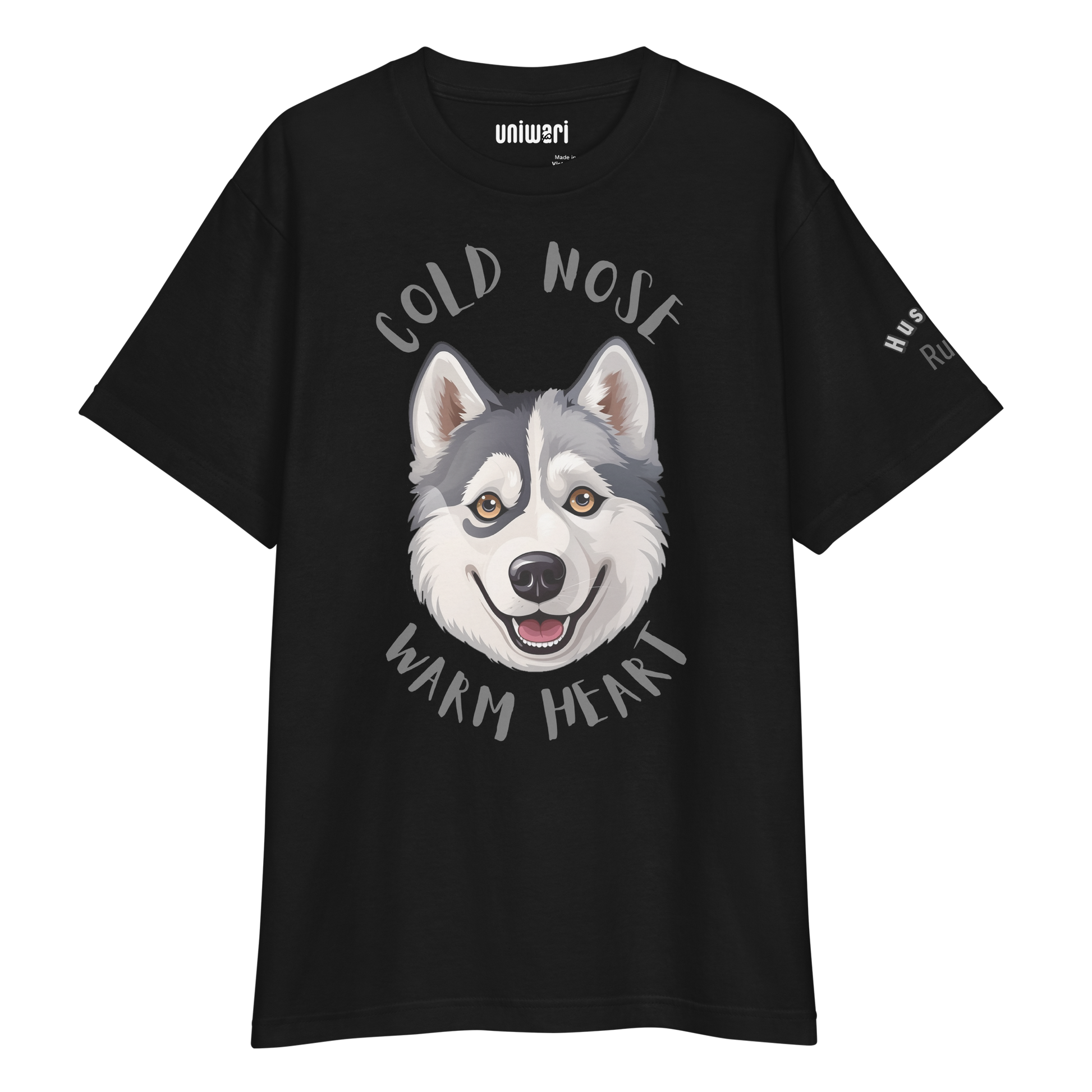 Black High Quality Tee - Front Design with a stamp of a Husky and the phrase "cold nose warm heart" - Left Shoulder with phrase "Husky Rules"