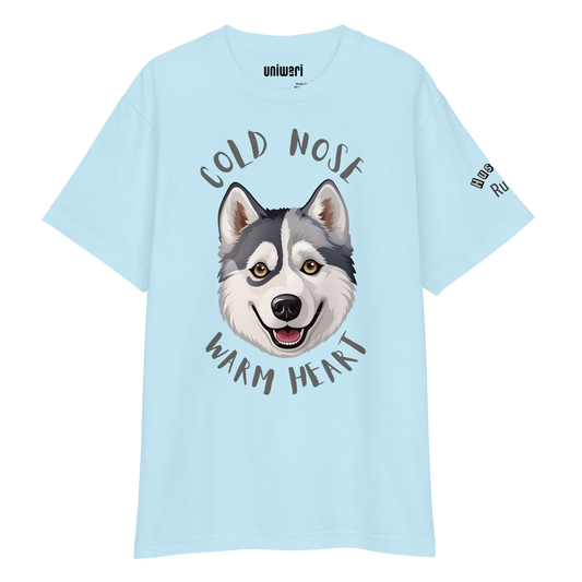 Blue High Quality Tee - Front Design with a stamp of a Husky and the phrase "cold nose warm heart" - Left Shoulder with phrase "Husky Rules"