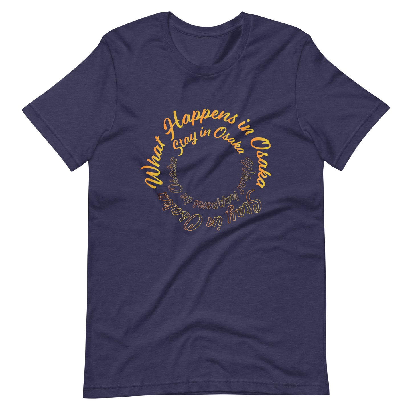 Heather Midnight Navy High Quality Tee - Front Design with White print of the phrase "What Happens in Osaka Stay in Osaka" - Back with Uniwari Logo